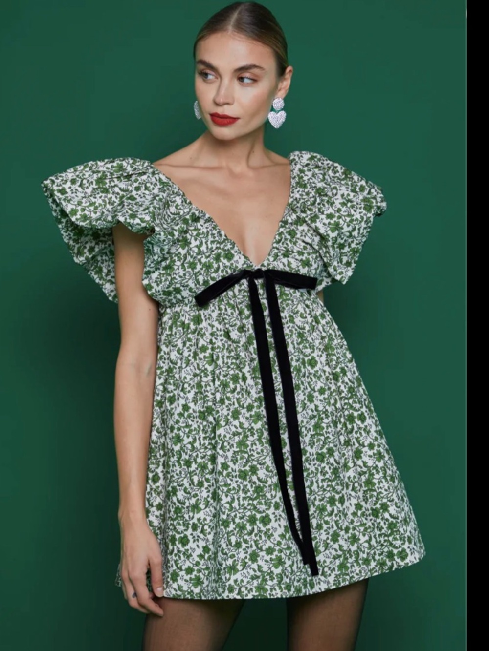 Few Moda O.P.T Green Floral Ruffle Mini Dress, puff sleeve and Black Velvet Tie